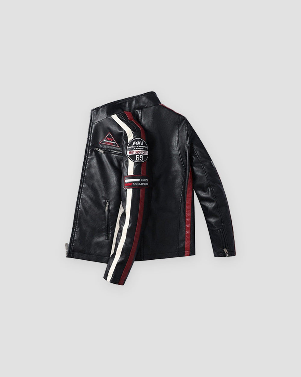 Black racing patch moto jacket, three-quarter view of the 69 sleeve badge
