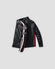 Black racing patch moto jacket, three-quarter view of the 69 sleeve badge