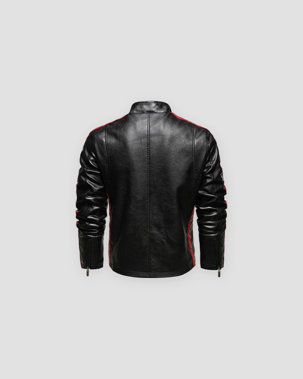 Black racing patch moto jacket, back view, plain back with striped sleeves