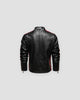 Black racing patch moto jacket, back view, plain back with striped sleeves