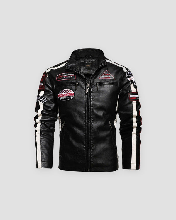 Black racing patch moto jacket, front view, white sleeve stripes and chest patches