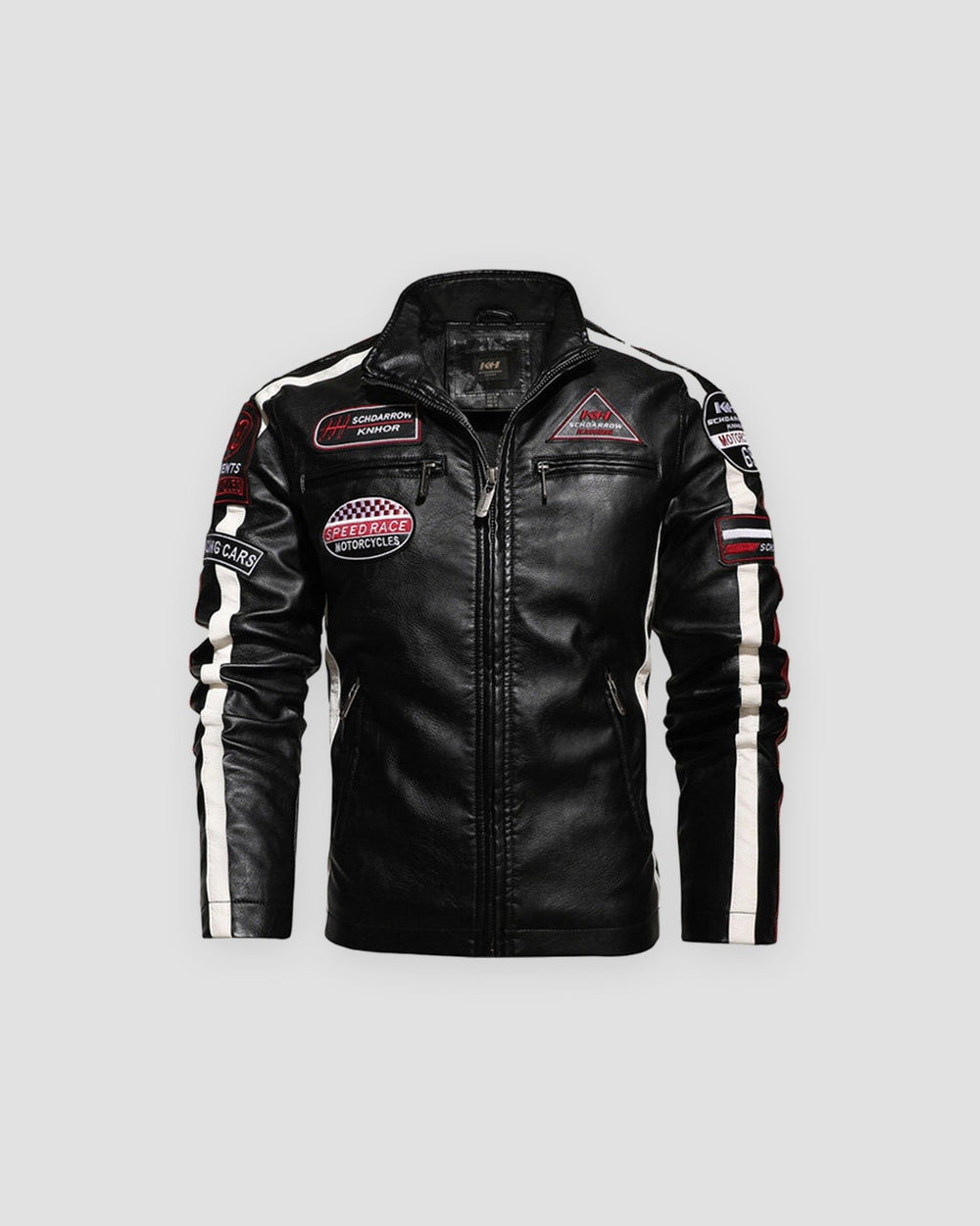 Black racing patch moto jacket, front view, white sleeve stripes and chest patches