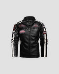 Black racing patch moto jacket, front view, white sleeve stripes and chest patches