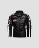Black racing patch moto jacket, front view, white sleeve stripes and chest patches