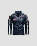 Dark blue racing patch moto jacket, front view, stripes and patches