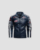 Dark blue racing patch moto jacket, front view, stripes and patches