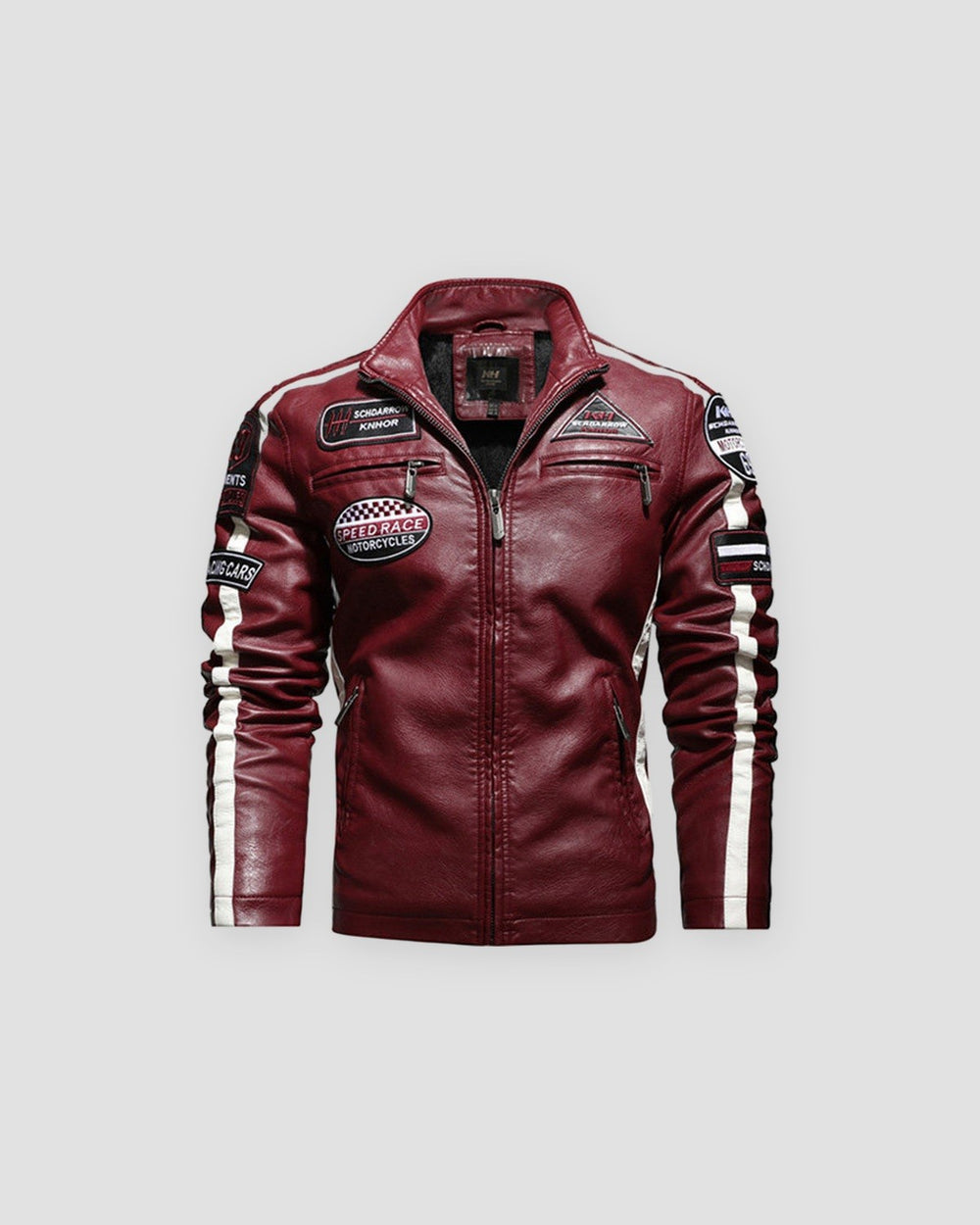 Red racing patch moto jacket, front view, SPEED RACE patch on the chest