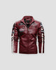 Red racing patch moto jacket, front view, SPEED RACE patch on the chest