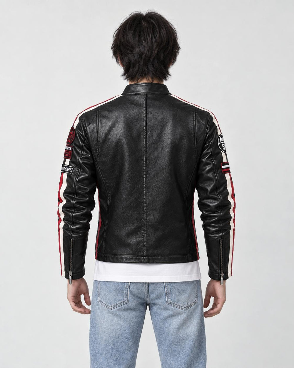 Model wearing the black racing patch moto jacket, back view