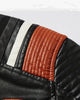 Close-up of the quilted orange and white shoulder stripes