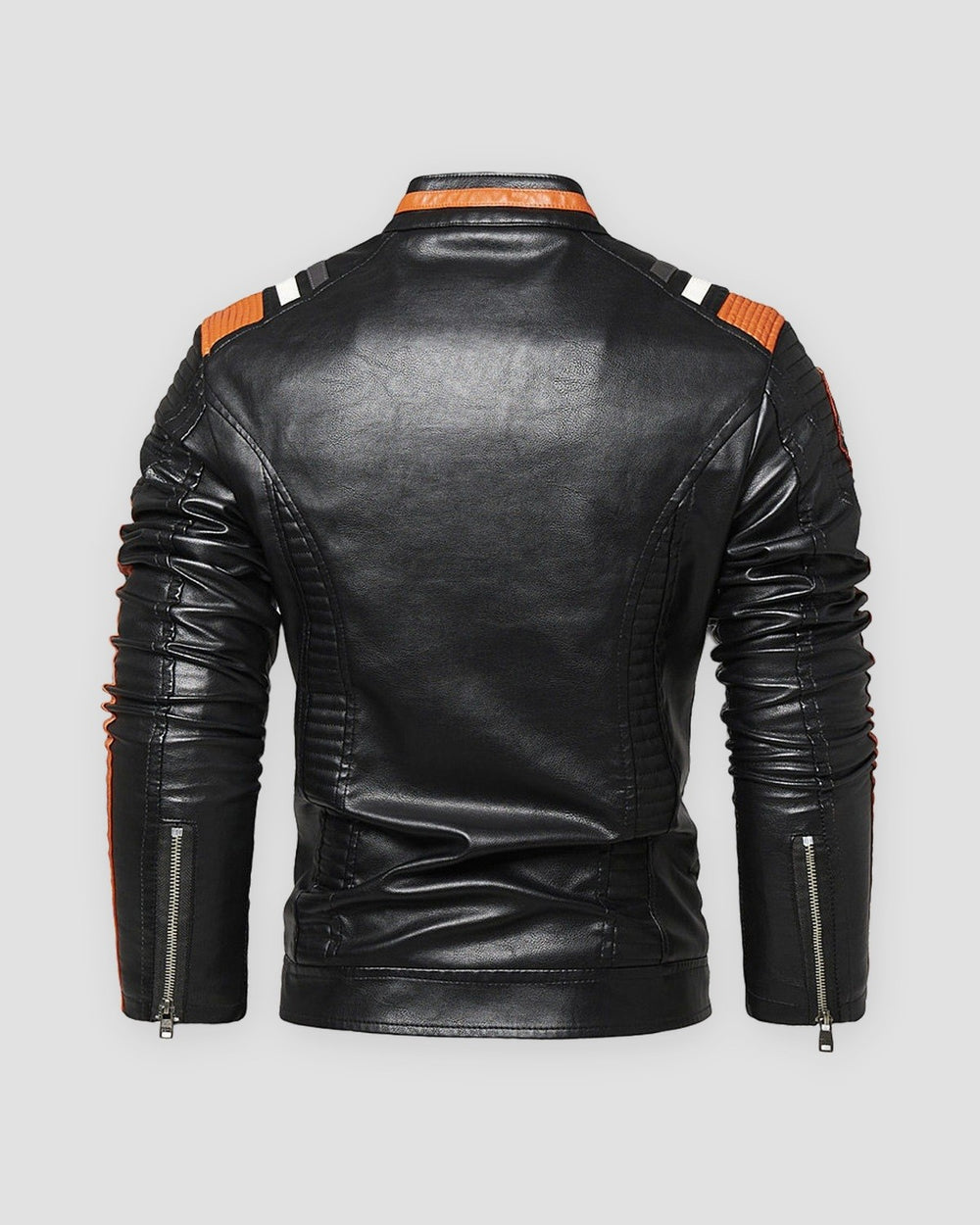Black racing stripe moto jacket, back view of the shoulder stripes