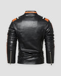 Black racing stripe moto jacket, back view of the shoulder stripes