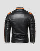Black racing stripe moto jacket, back view of the shoulder stripes