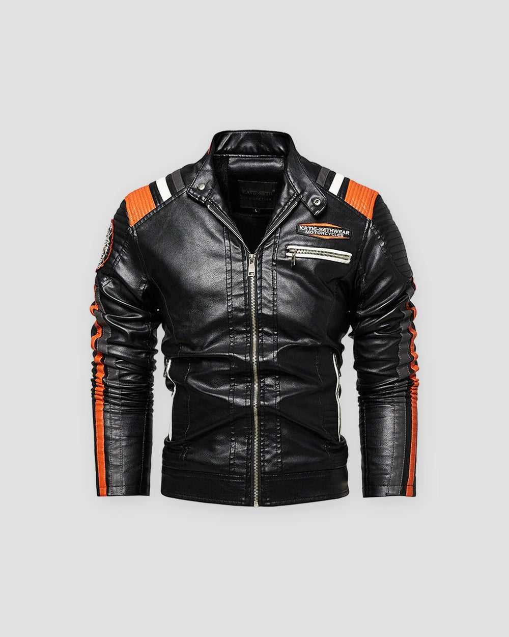 Black racing stripe PU leather moto jacket with orange and white stripes, front view