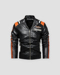 Black racing stripe PU leather moto jacket with orange and white stripes, front view