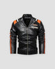 Black racing stripe PU leather moto jacket with orange and white stripes, front view