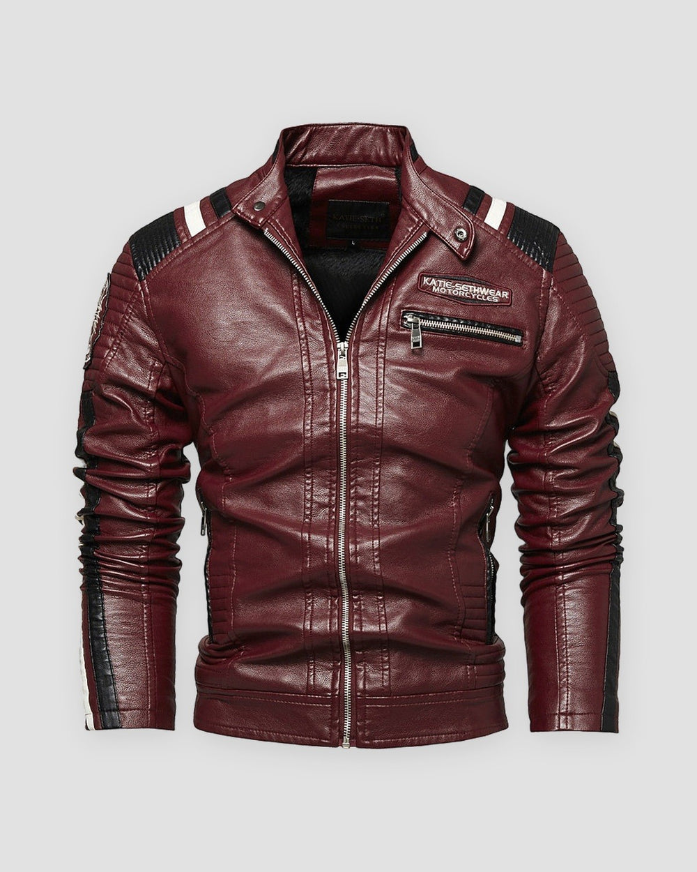 Burgundy racing stripe moto jacket with black and white stripes, front view