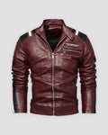 Burgundy racing stripe moto jacket with black and white stripes, front view