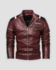 Burgundy racing stripe moto jacket with black and white stripes, front view