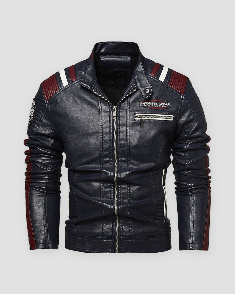 Navy racing stripe moto jacket with red and white stripes, front view