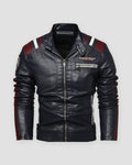 Navy racing stripe moto jacket with red and white stripes, front view