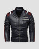 Navy racing stripe moto jacket with red and white stripes, front view