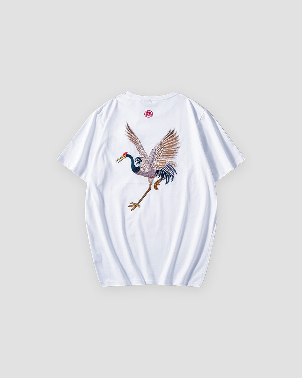 White T-shirt with a red-crowned crane embroidered across the back, back view