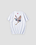 White T-shirt with a red-crowned crane embroidered across the back, back view