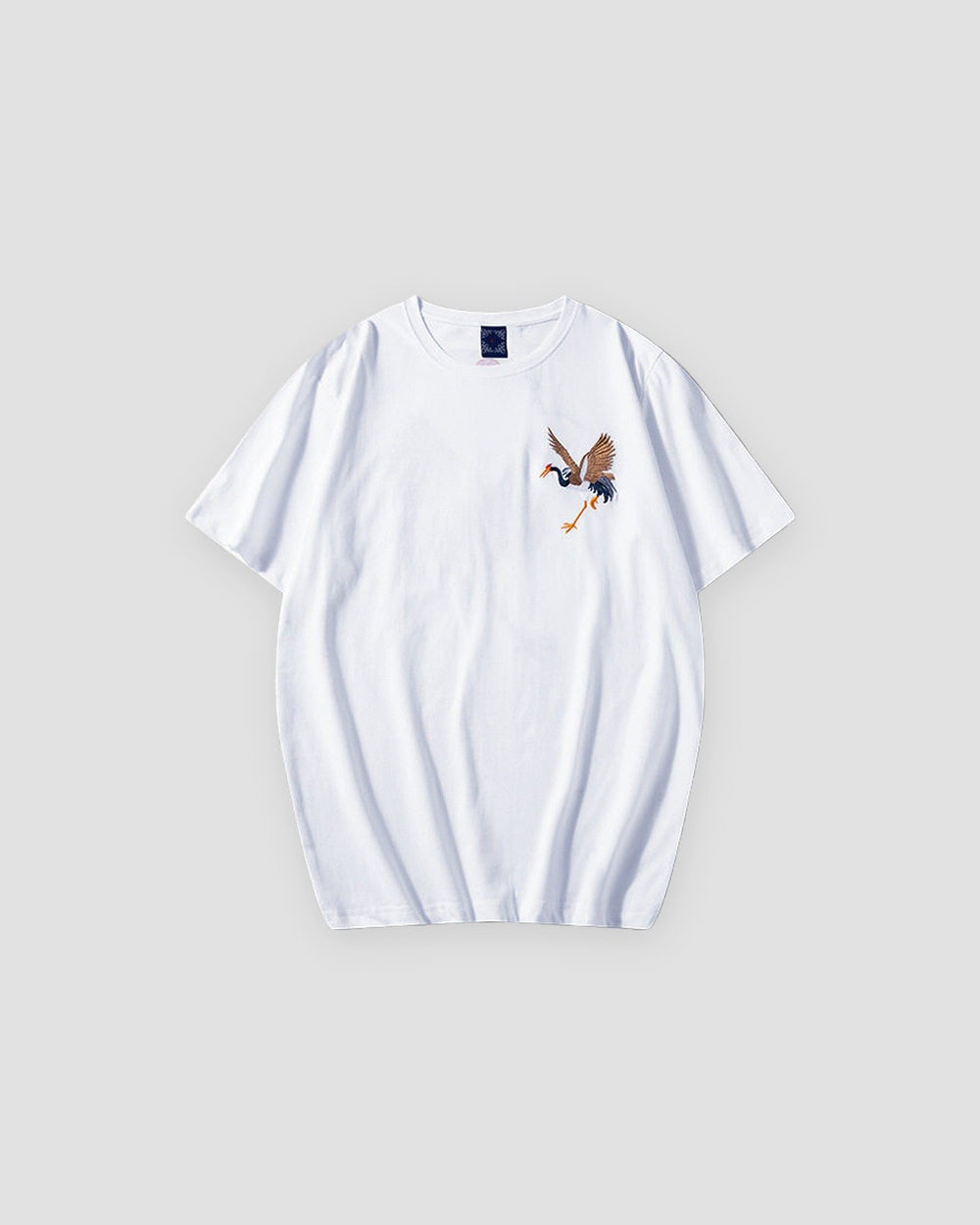 White T-shirt with a small crane embroidered on the front chest, front view