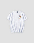 White T-shirt with a small crane embroidered on the front chest, front view