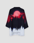 Haori jacket on a hanger, back view with a red moon over black pine trees and a white hem