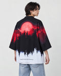 Man in the haori seen from behind at an angle, a red moon over black pines fading to white at the hem, over a white tee