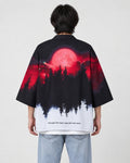 Man seen from behind in the haori printed with a red moon over a black pine forest fading to white, over a white tee