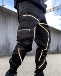 Black cargo joggers with reflective tape lines and a zip pocket on the thigh
