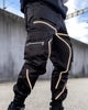 Black cargo joggers with reflective tape lines and a zip pocket on the thigh