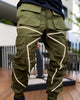 Army green cargo joggers with bright reflective tape lines across the thighs and down the legs