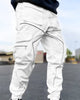 White cargo joggers with gray tape lines and large flap pockets