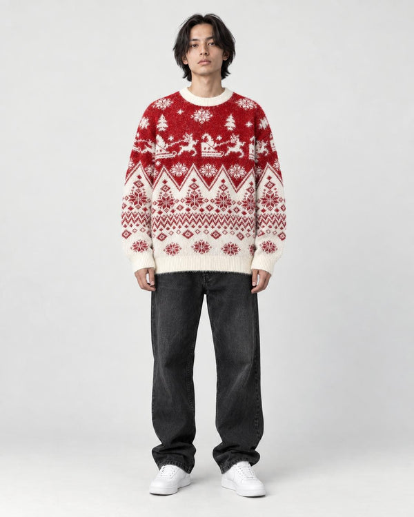 Model wearing the red reindeer Christmas sweater with jeans, front view