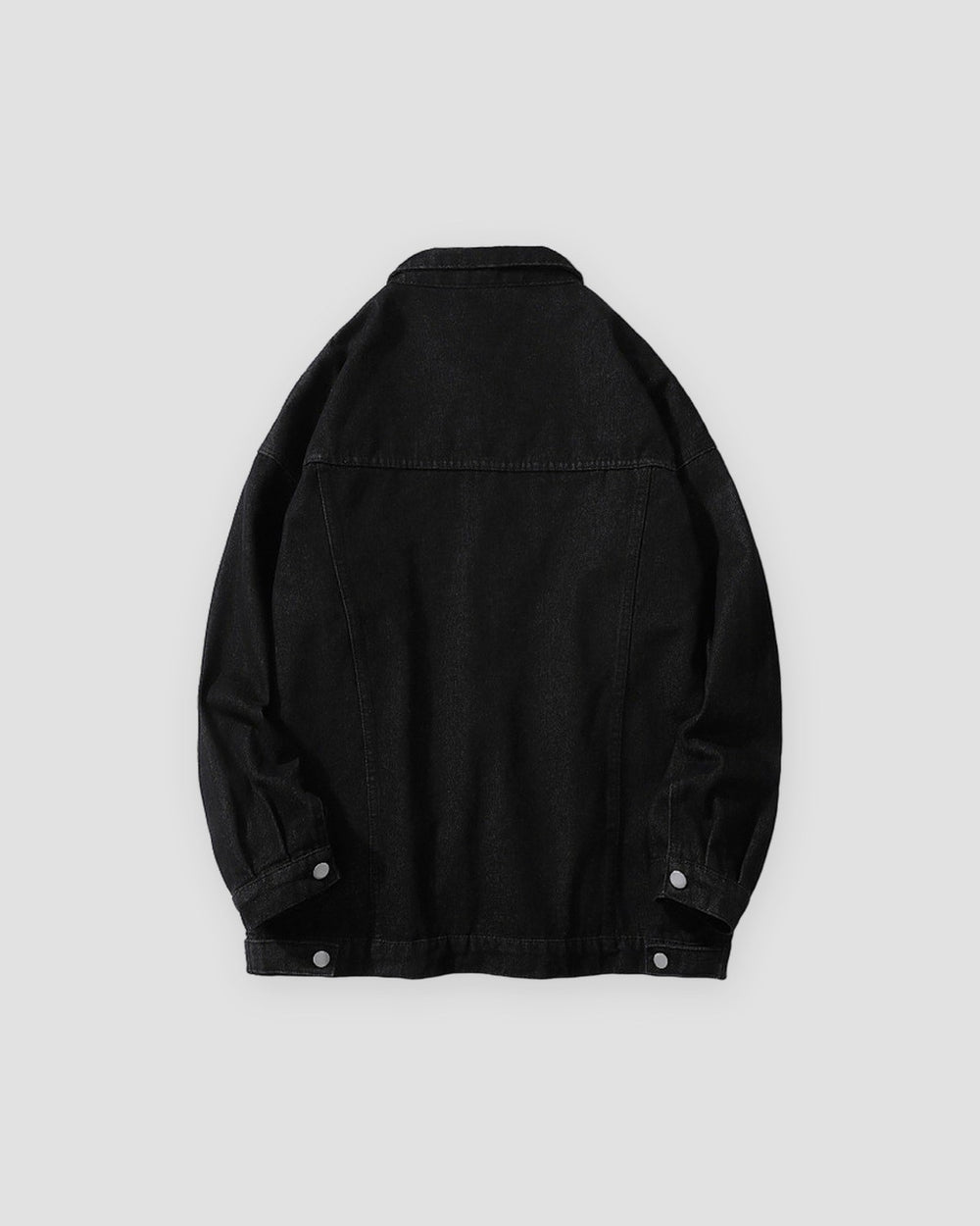 Black relaxed denim trucker jacket, back view