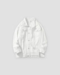 White relaxed denim trucker jacket, front view