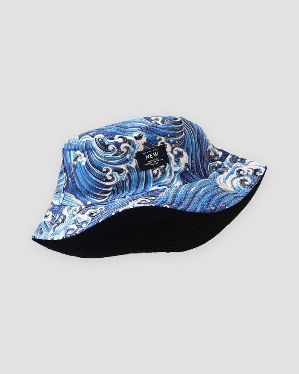 Blue great wave print bucket hat with a black NEW label, three-quarter view