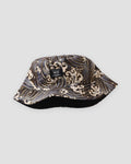 Brown great wave print bucket hat with a black NEW label, three-quarter view
