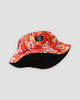 Red great wave print bucket hat with a black NEW label, three-quarter view
