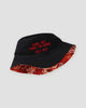 Black side of the reversible bucket hat with red embroidered lettering
