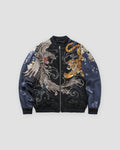 Black souvenir jacket with navy sleeves, a silver phoenix on the left chest and an orange tiger on the right chest