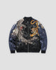 Black souvenir jacket with navy sleeves, a silver phoenix on the left chest and an orange tiger on the right chest