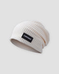 White ribbed slouchy beanie with a small black label reading CONFIDENT