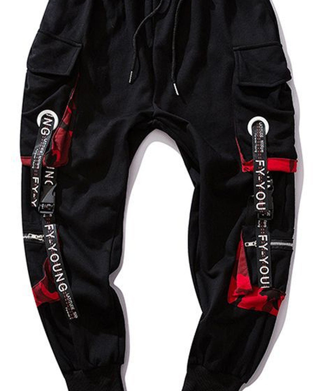 Flat view of the cargo pockets and the printed ribbon straps on the joggers