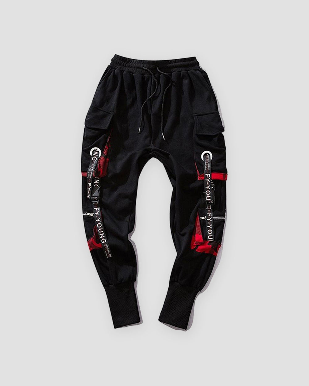 Black cargo joggers with red camo pocket linings and printed ribbon straps, flat view