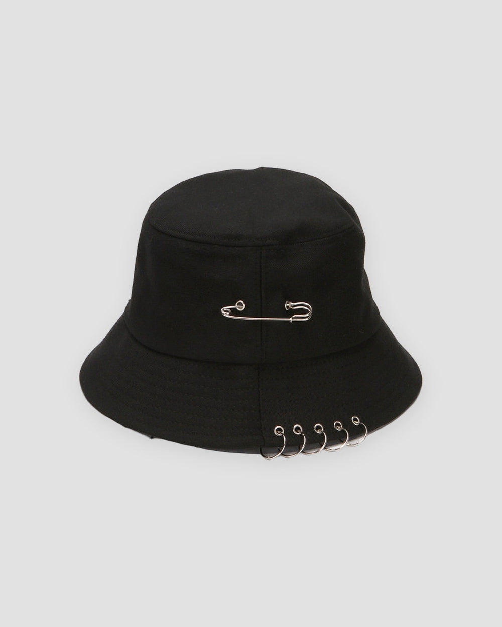 Black safety pin bucket hat with five metal rings through the brim